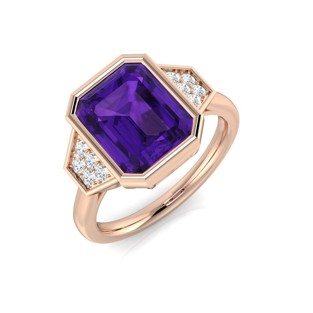 Emerald Cut Amethyst Side Stone Ring with Natural Round Pave Diamonds in 10K/14K gold and platinum with certified lab-grown or natural diamonds