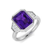 Emerald Cut Amethyst Side Stone Ring with Natural Round Pave Diamonds in 10K/14K gold and platinum with certified lab-grown or natural diamonds