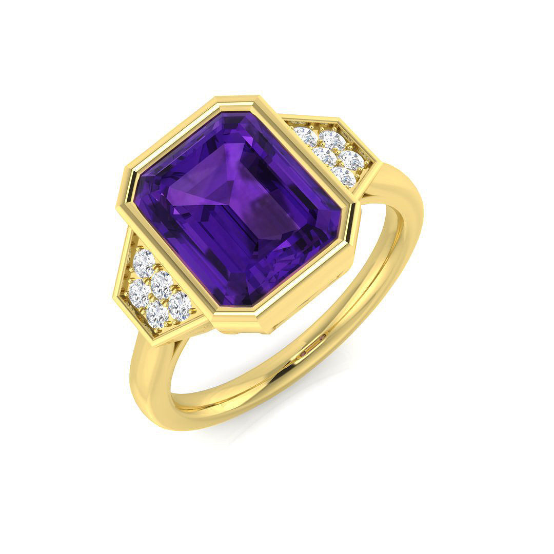 Emerald Cut Amethyst Side Stone Ring with Natural Round Pave Diamonds in 10K/14K gold and platinum with certified lab-grown or natural diamonds