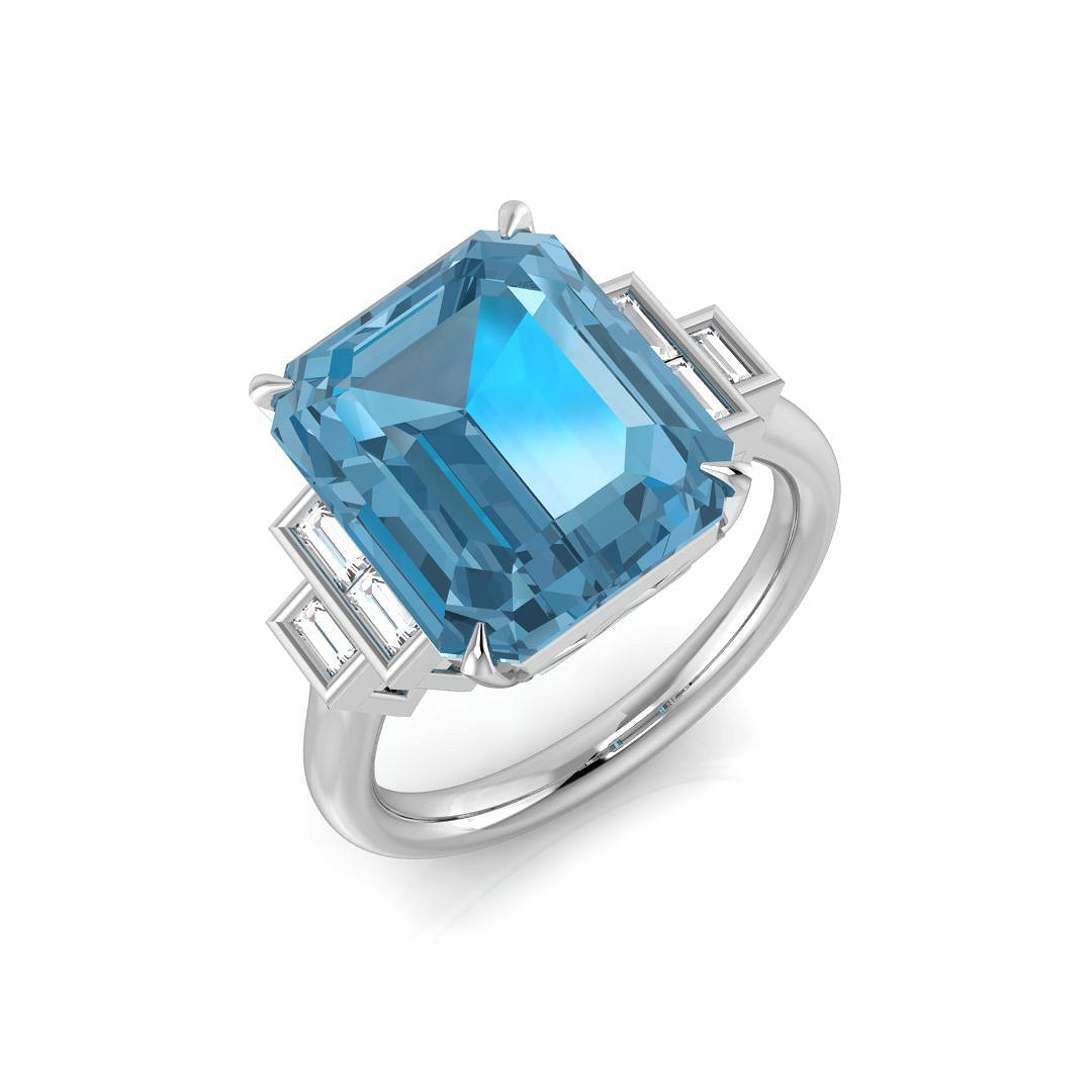 Emerald Cut Blue Topaz Solitaire Ring with Side Baguette Diamonds in 10K/14K gold and platinum with certified lab-grown or natural diamonds