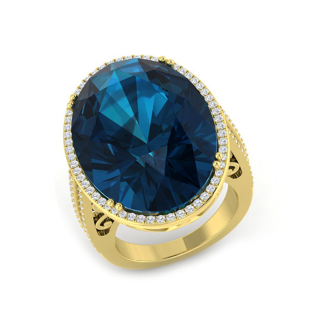 London Blue Topaz Cocktail Ring with Natural Round Pave Diamonds in 10K/14K gold and platinum with certified lab-grown or natural diamonds