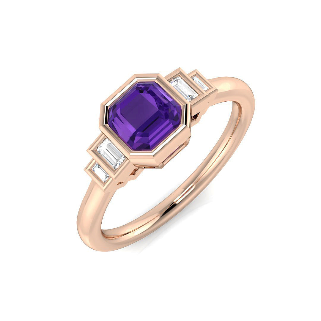Cushion Cut Amethyst Ring Five Stone Ring with Natural Baguette in 10K/14K gold and platinum with certified lab-grown or natural diamonds