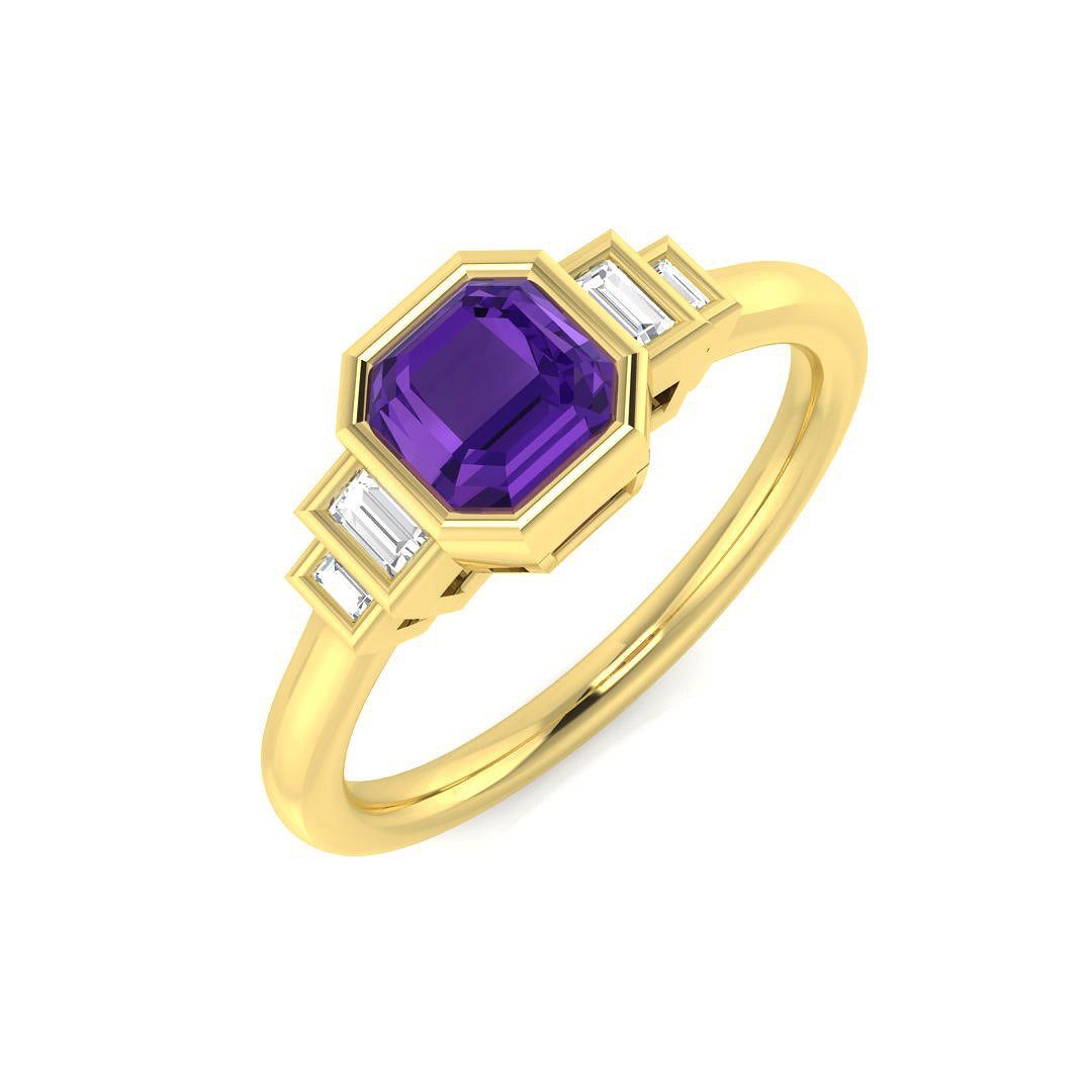 Cushion Cut Amethyst Ring Five Stone Ring with Natural Baguette in 10K/14K gold and platinum with certified lab-grown or natural diamonds