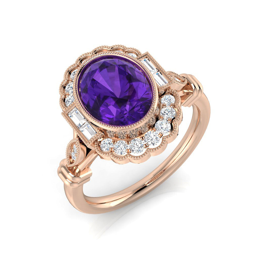 Oval Cut Amethyst Ring with Natural Diamonds in 10K/14K gold and platinum with certified lab-grown or natural diamonds