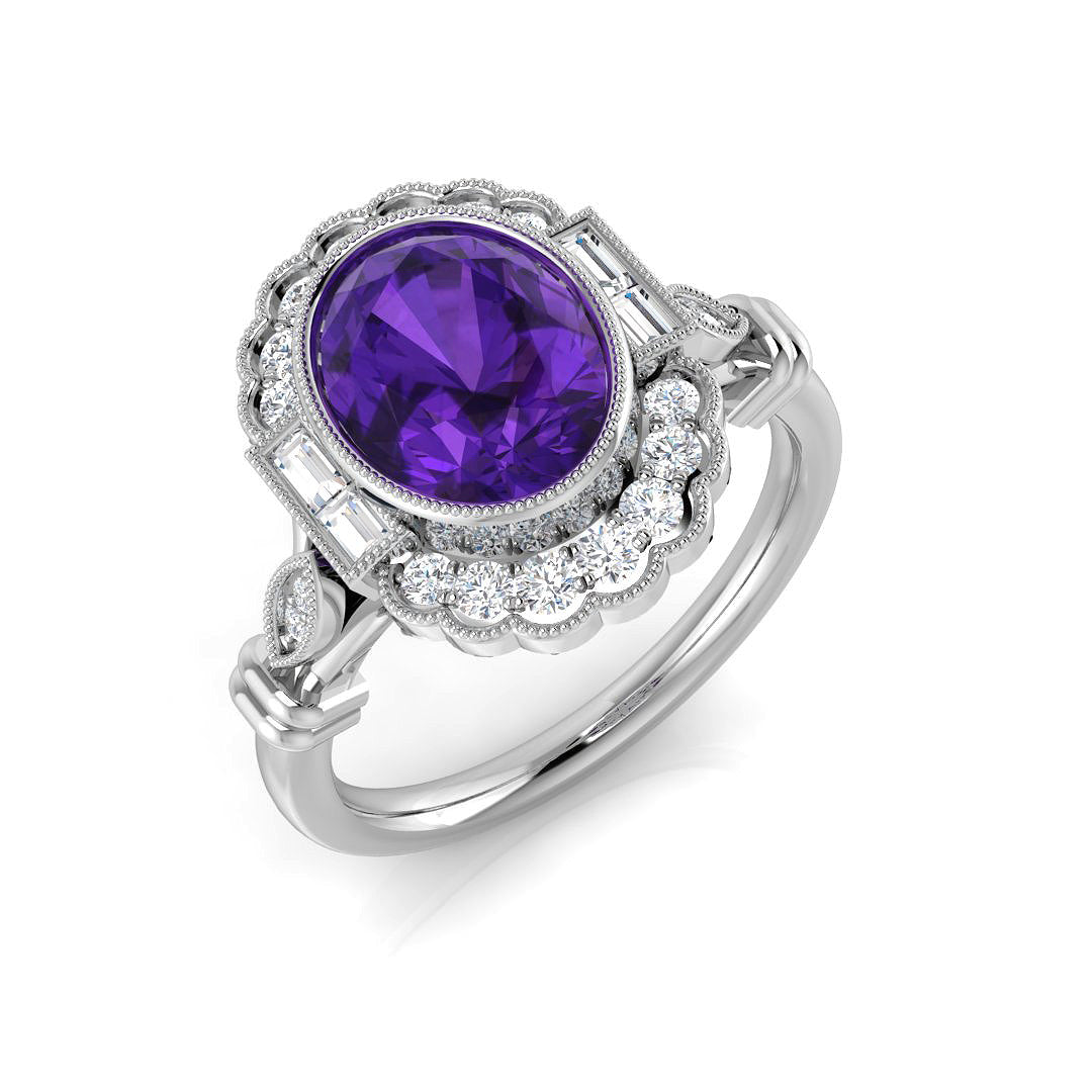 Oval Cut Amethyst Ring with Natural Diamonds in 10K/14K gold and platinum with certified lab-grown or natural diamonds
