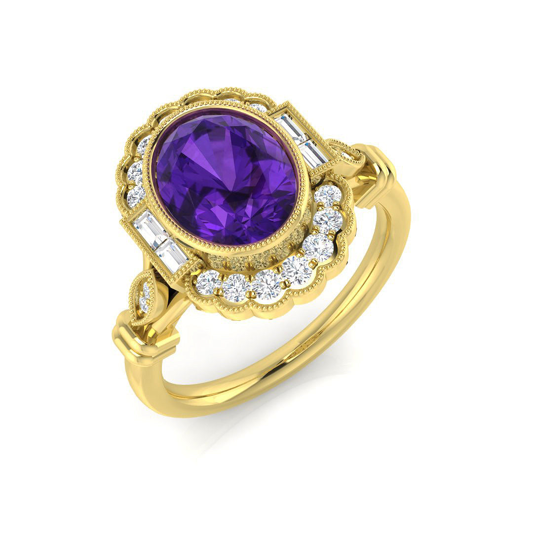 Oval Cut Amethyst Ring with Natural Diamonds in 10K/14K gold and platinum with certified lab-grown or natural diamonds