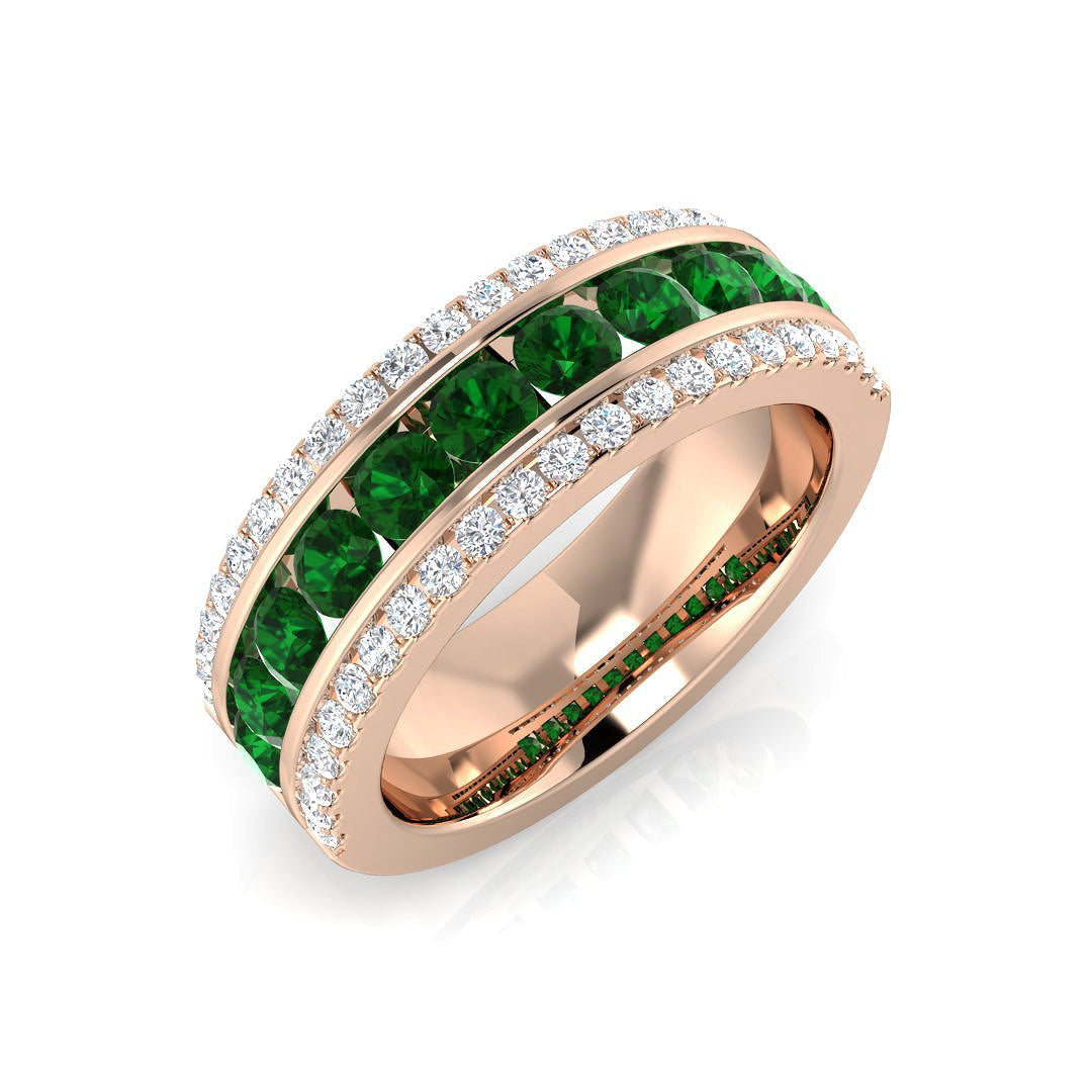 Emerald Half Eternity Ring with Natural Diamond Pave Wedding Band in 10K/14K gold and platinum with certified lab-grown or natural diamonds