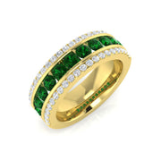 Emerald Half Eternity Ring with Natural Diamond Pave Wedding Band in 10K/14K gold and platinum with certified lab-grown or natural diamonds