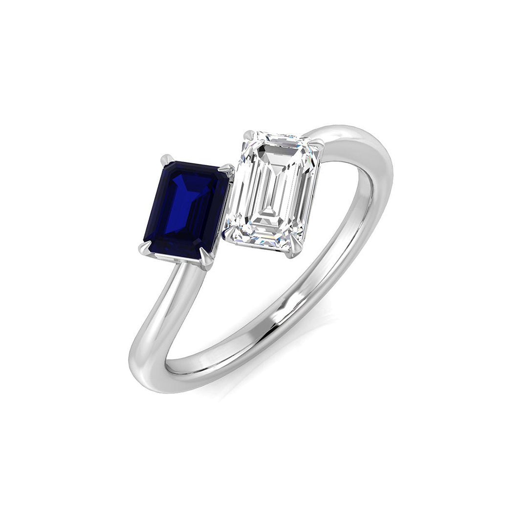 Emerald Cut Sapphire Diamond Two Stone Ring in 10K/14K gold and platinum with certified lab-grown or natural diamonds