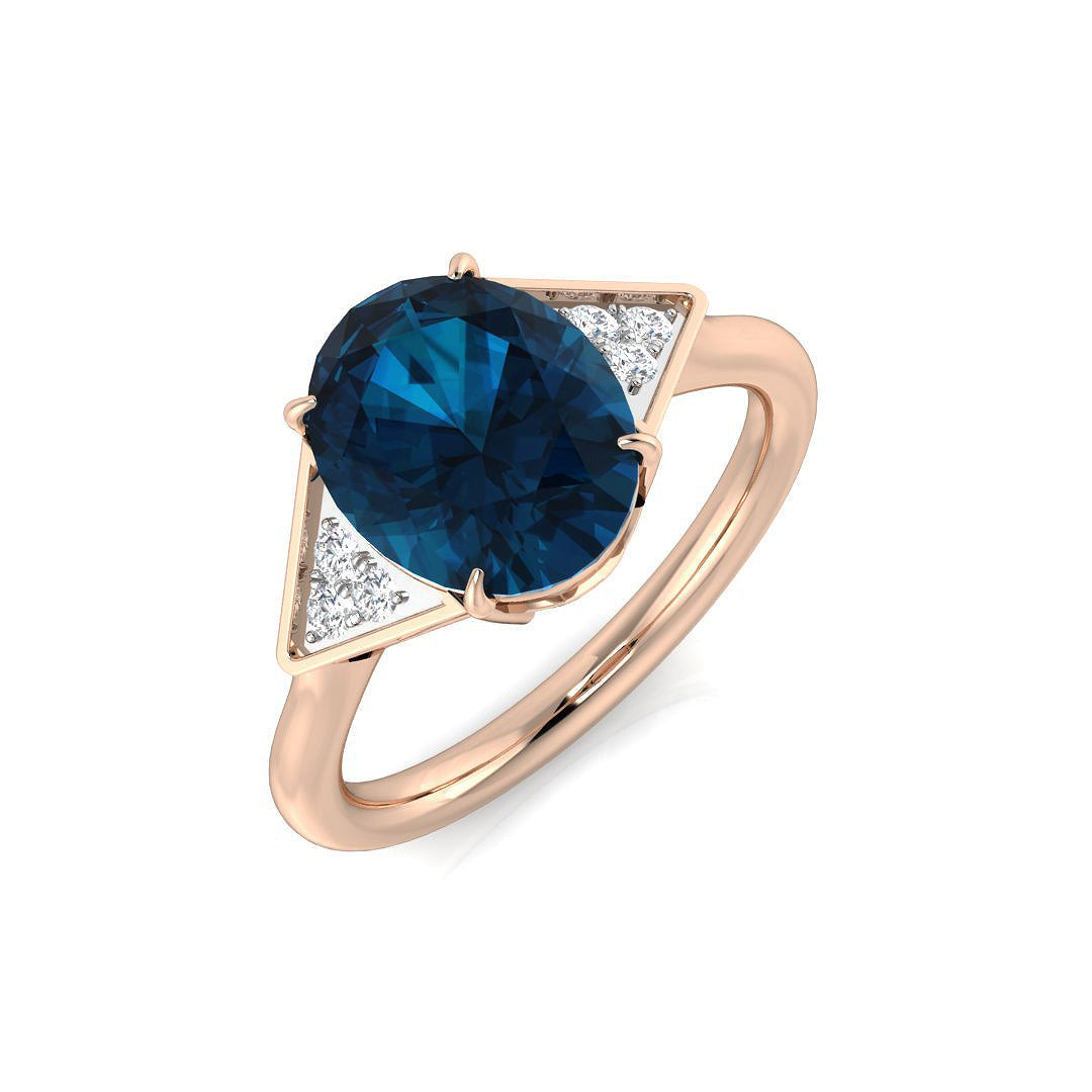 London Blue Topaz Solitaire Ring with Pave Side Accents - UK Made in 10K/14K gold and platinum with certified lab-grown or natural diamonds