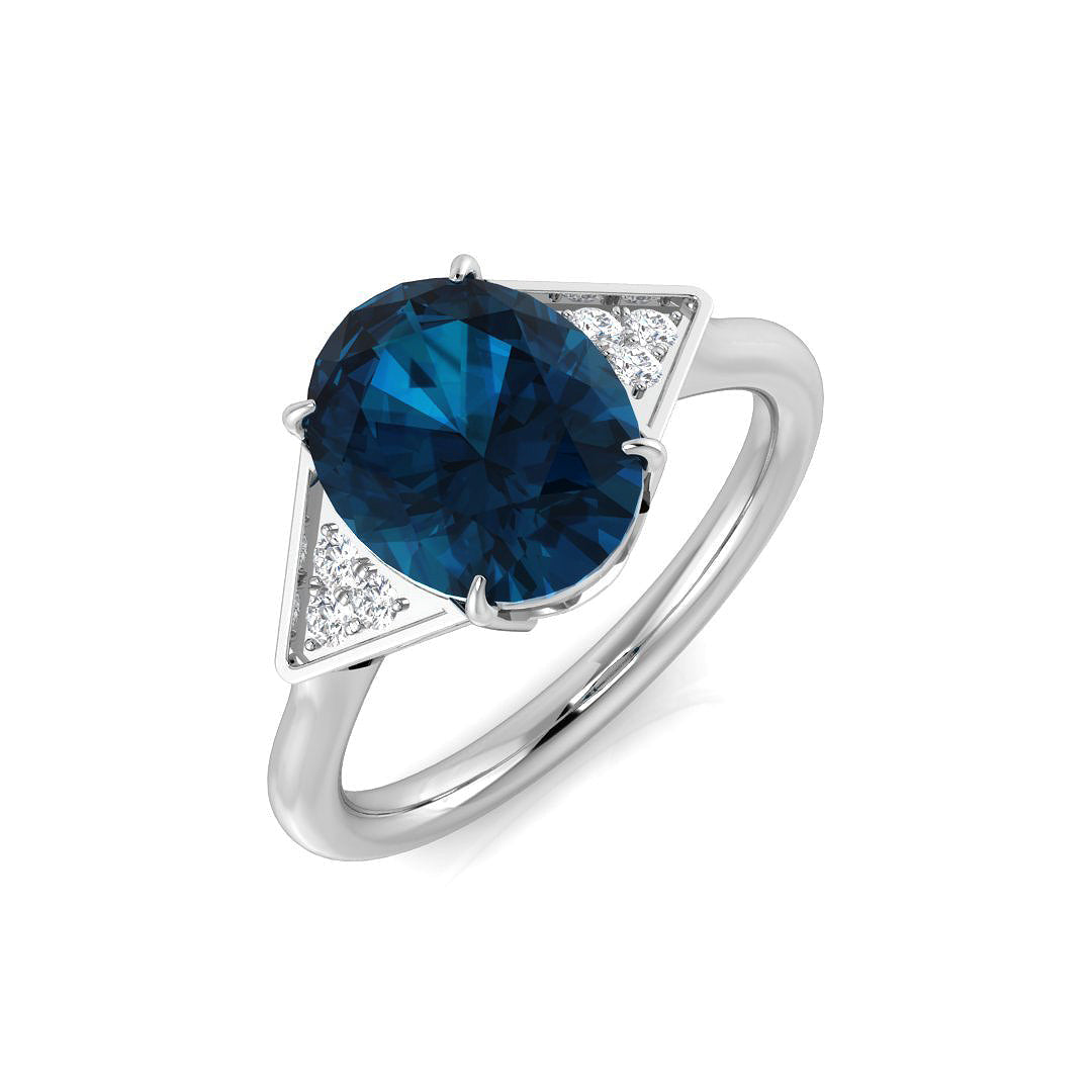 London Blue Topaz Solitaire Ring with Pave Side Accents - UK Made in 10K/14K gold and platinum with certified lab-grown or natural diamonds