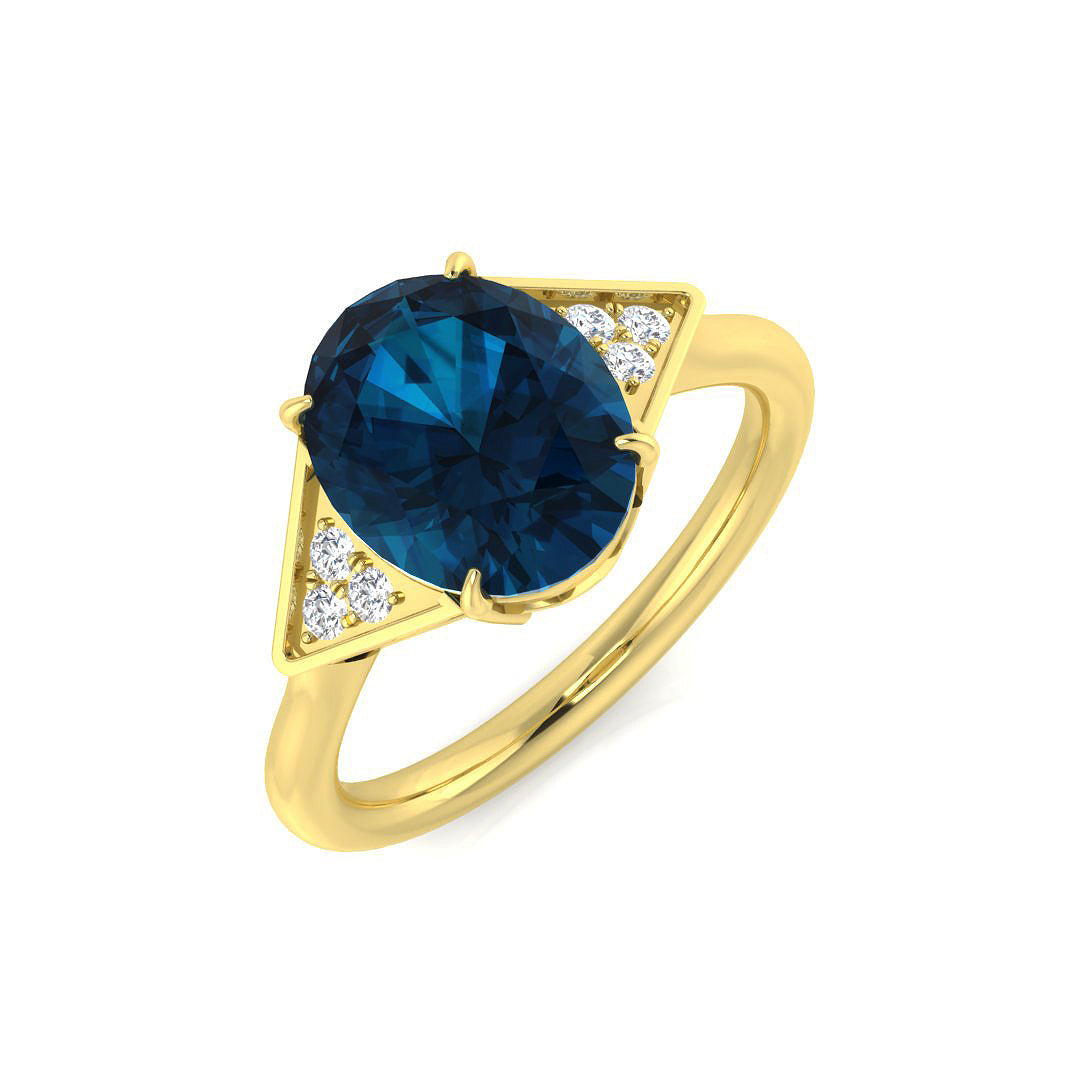 London Blue Topaz Solitaire Ring with Pave Side Accents - UK Made in 10K/14K gold and platinum with certified lab-grown or natural diamonds