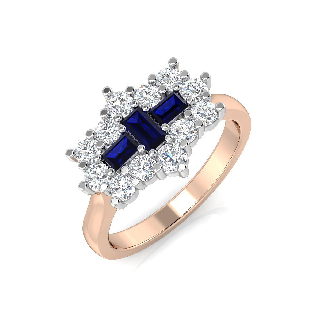 Blue Sapphire Diamond Boat Ring with Round Natural Diamond Cluster in 10K/14K gold and platinum with certified lab-grown or natural diamonds