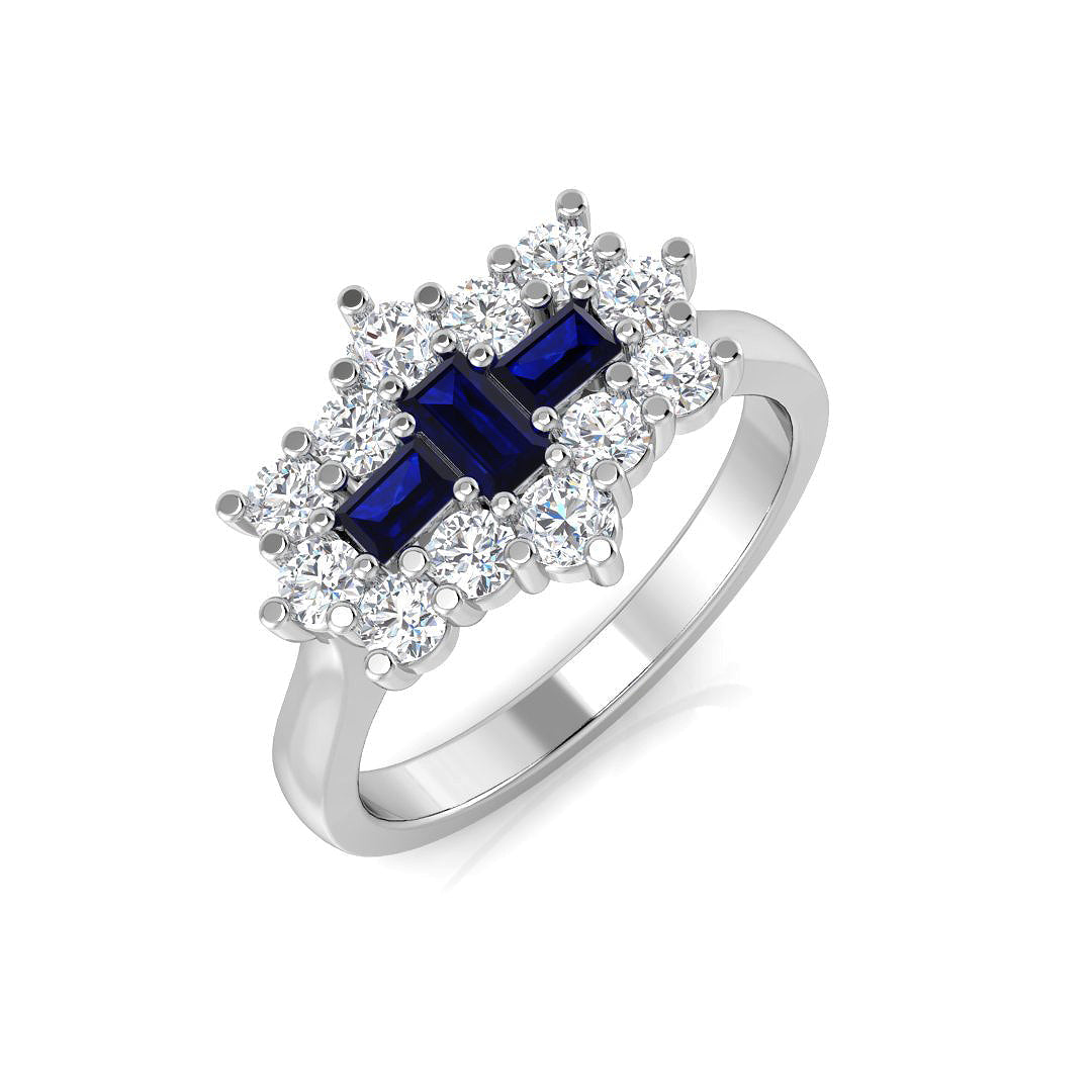 Blue Sapphire Diamond Boat Ring with Round Natural Diamond Cluster in 10K/14K gold and platinum with certified lab-grown or natural diamonds