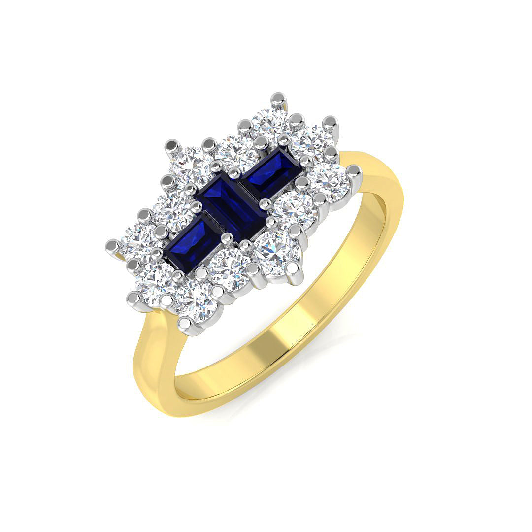 Blue Sapphire Diamond Boat Ring with Round Natural Diamond Cluster in 10K/14K gold and platinum with certified lab-grown or natural diamonds