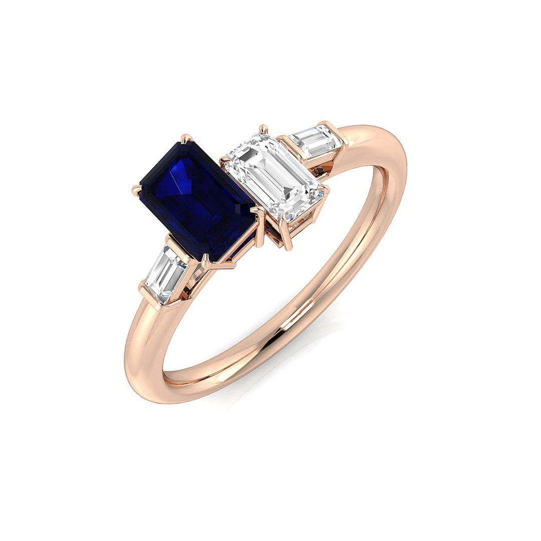 Emerald Cut Sapphire Ring with Natural Baguette Side Stones in 10K/14K gold and platinum with certified lab-grown or natural diamonds