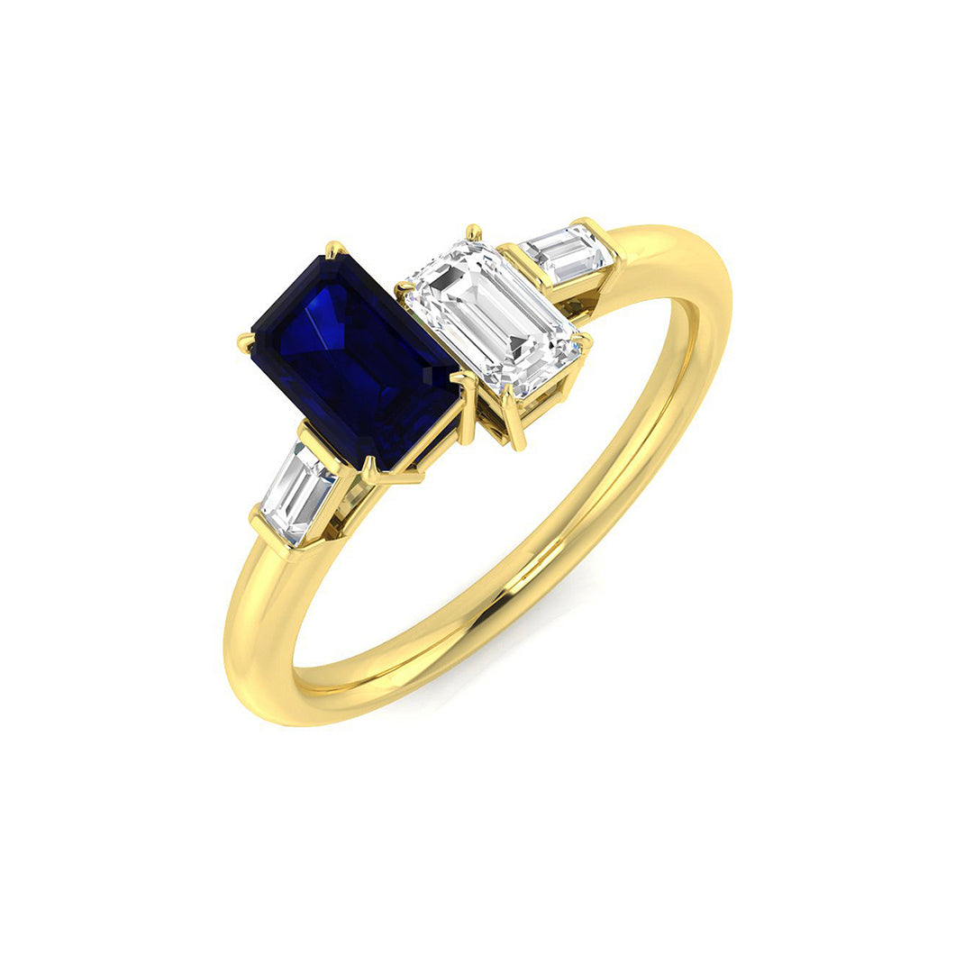 Emerald Cut Sapphire Ring with Natural Baguette Side Stones in 10K/14K gold and platinum with certified lab-grown or natural diamonds