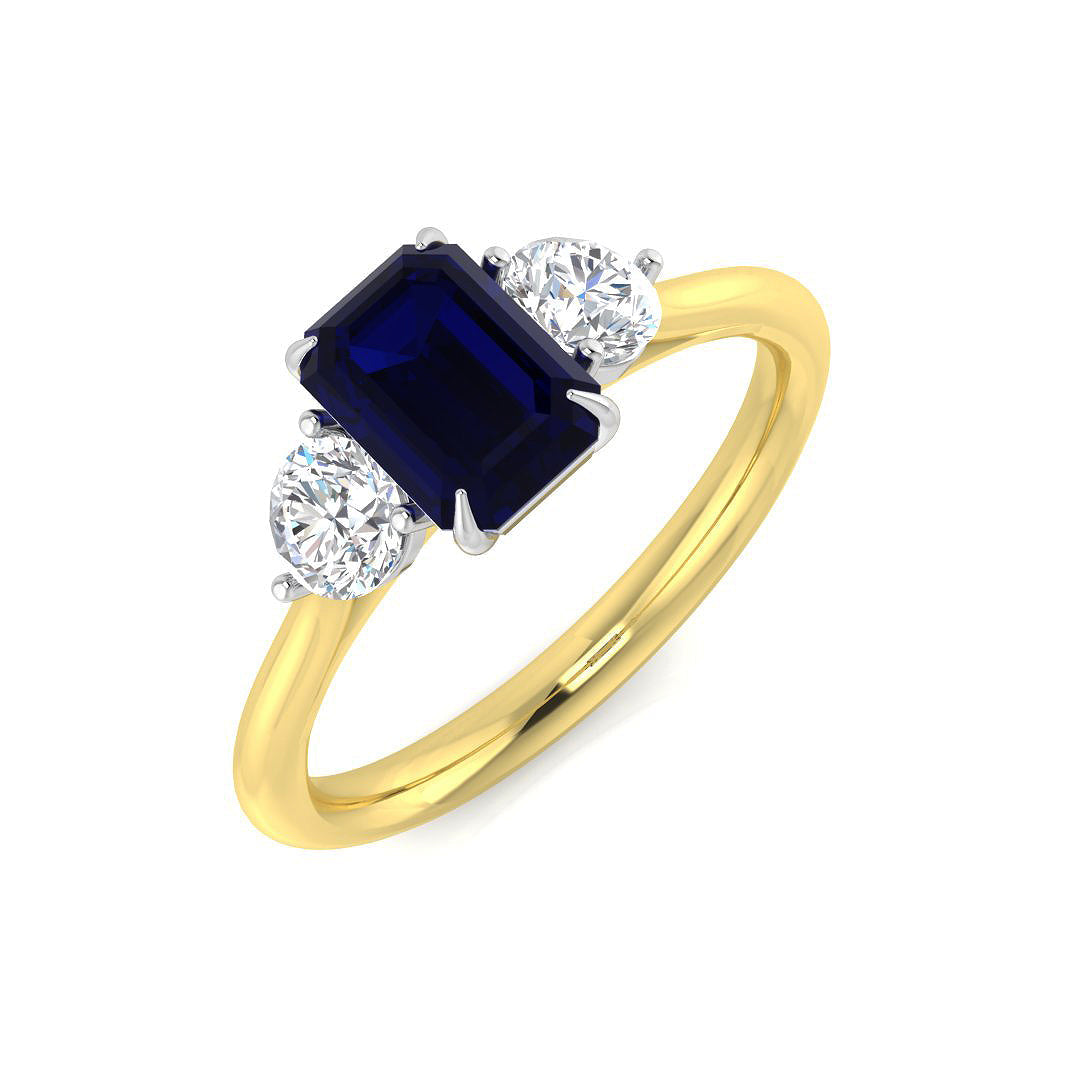 Three Stone Emerald Cut Blue Sapphire Ring with Round Diamond Side Stones in 10K/14K gold and platinum with certified lab-grown or natural diamonds