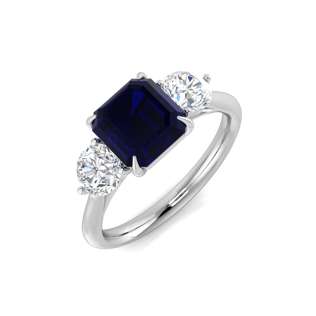 Emerald Cut Blue Sapphire Three Stone Ring with Natural Round Diamonds in 10K/14K gold and platinum with certified lab-grown or natural diamonds