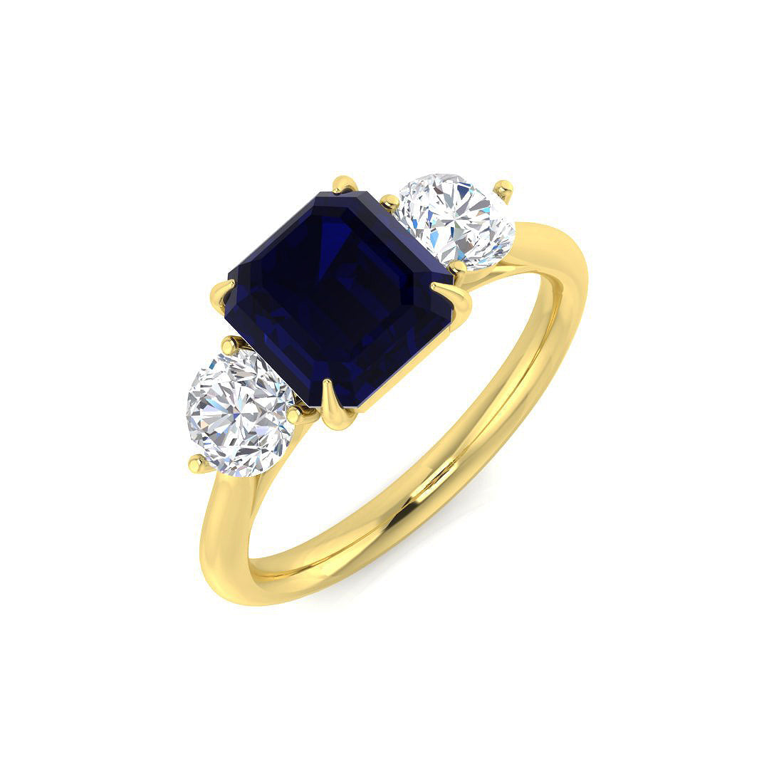 Emerald Cut Blue Sapphire Three Stone Ring with Natural Round Diamonds in 10K/14K gold and platinum with certified lab-grown or natural diamonds