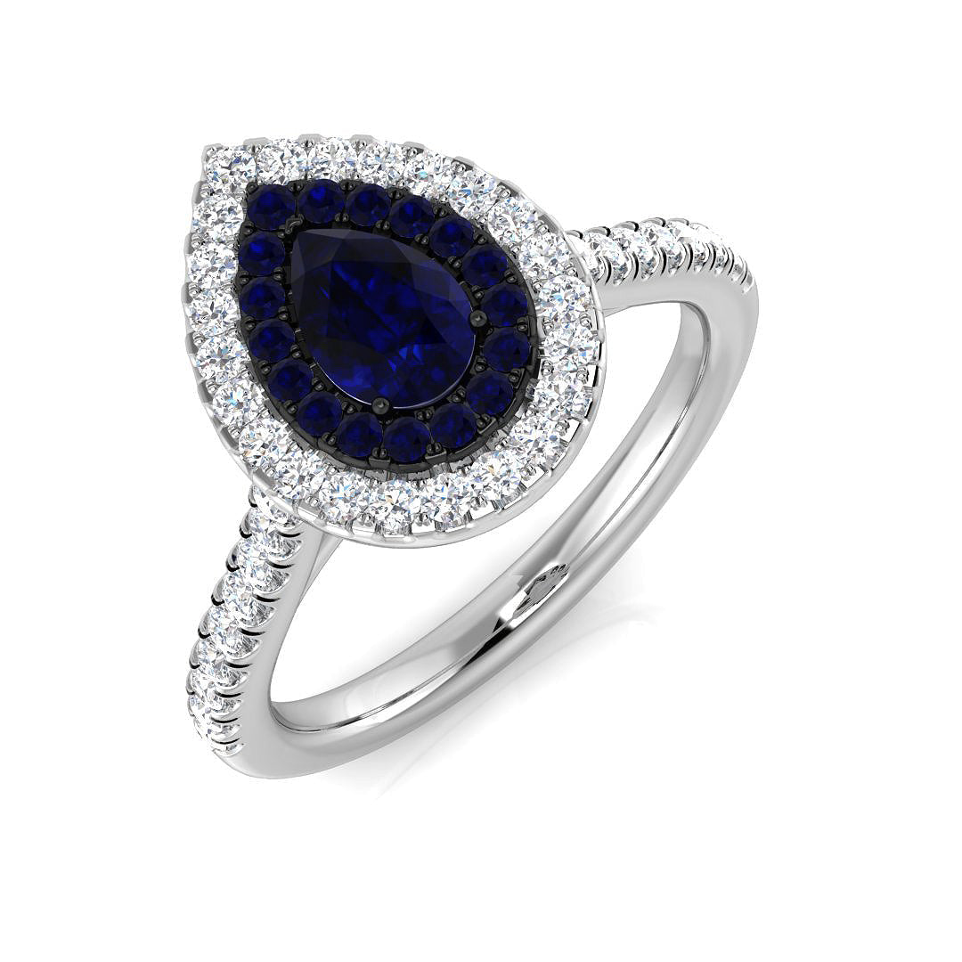 Pear Sapphire Halo Ring with Natural Round Pave Diamonds in 10K/14K gold and platinum with certified lab-grown or natural diamonds