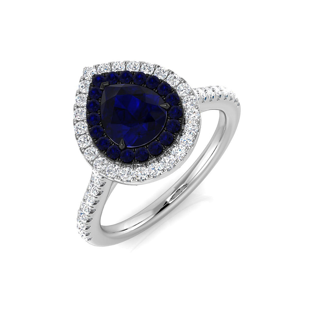 Pear Sapphire Halo Ring with Natural Diamond Pave Band in 10K/14K gold and platinum with certified lab-grown or natural diamonds