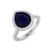 Pear Sapphire Halo Ring with Natural Diamond Pave Band in 10K/14K gold and platinum with certified lab-grown or natural diamonds