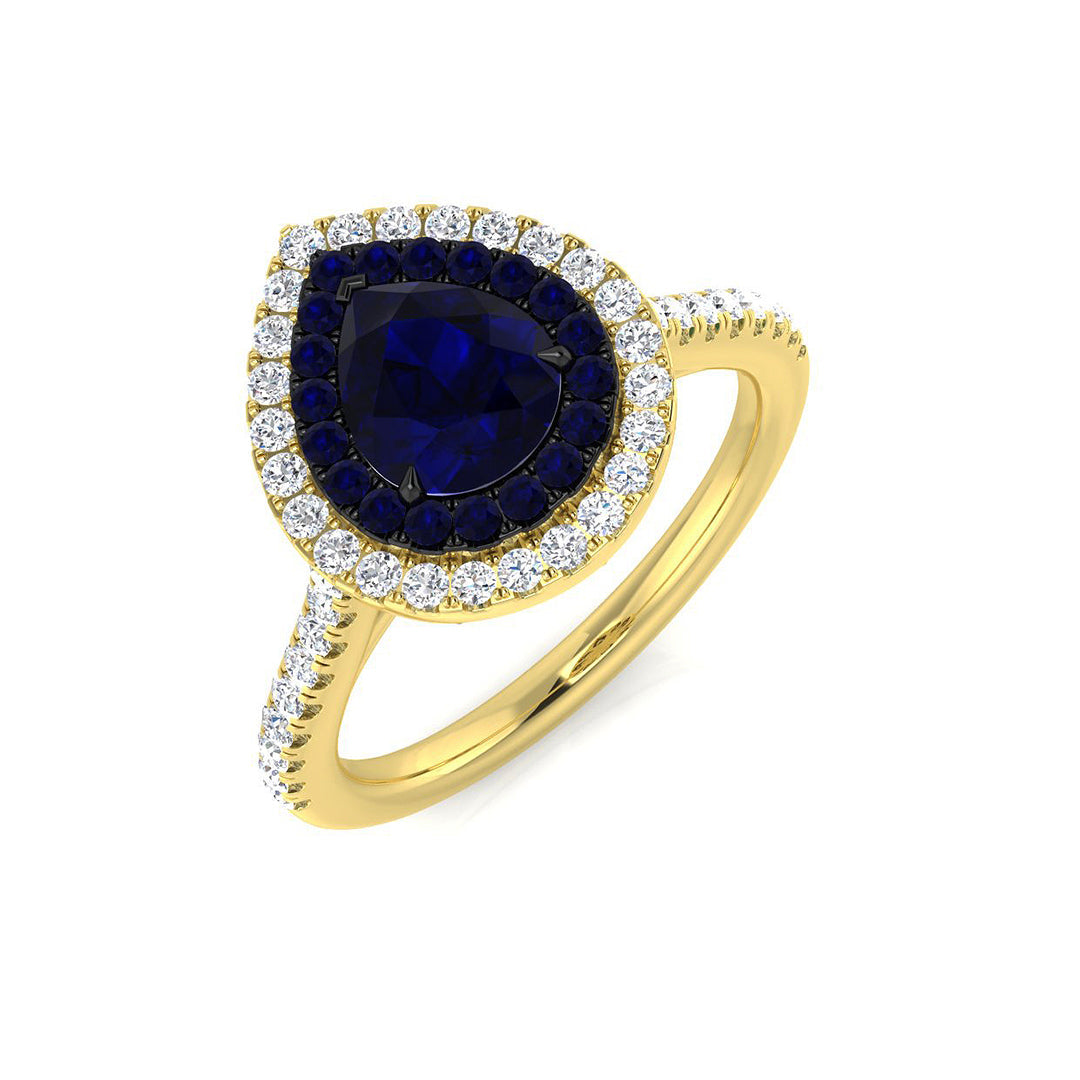 Pear Sapphire Halo Ring with Natural Diamond Pave Band in 10K/14K gold and platinum with certified lab-grown or natural diamonds