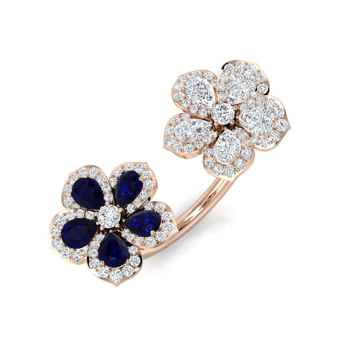 Blue Sapphire Cluster Ring with Diamond Floral Design in 10K/14K gold and platinum with certified lab-grown or natural diamonds