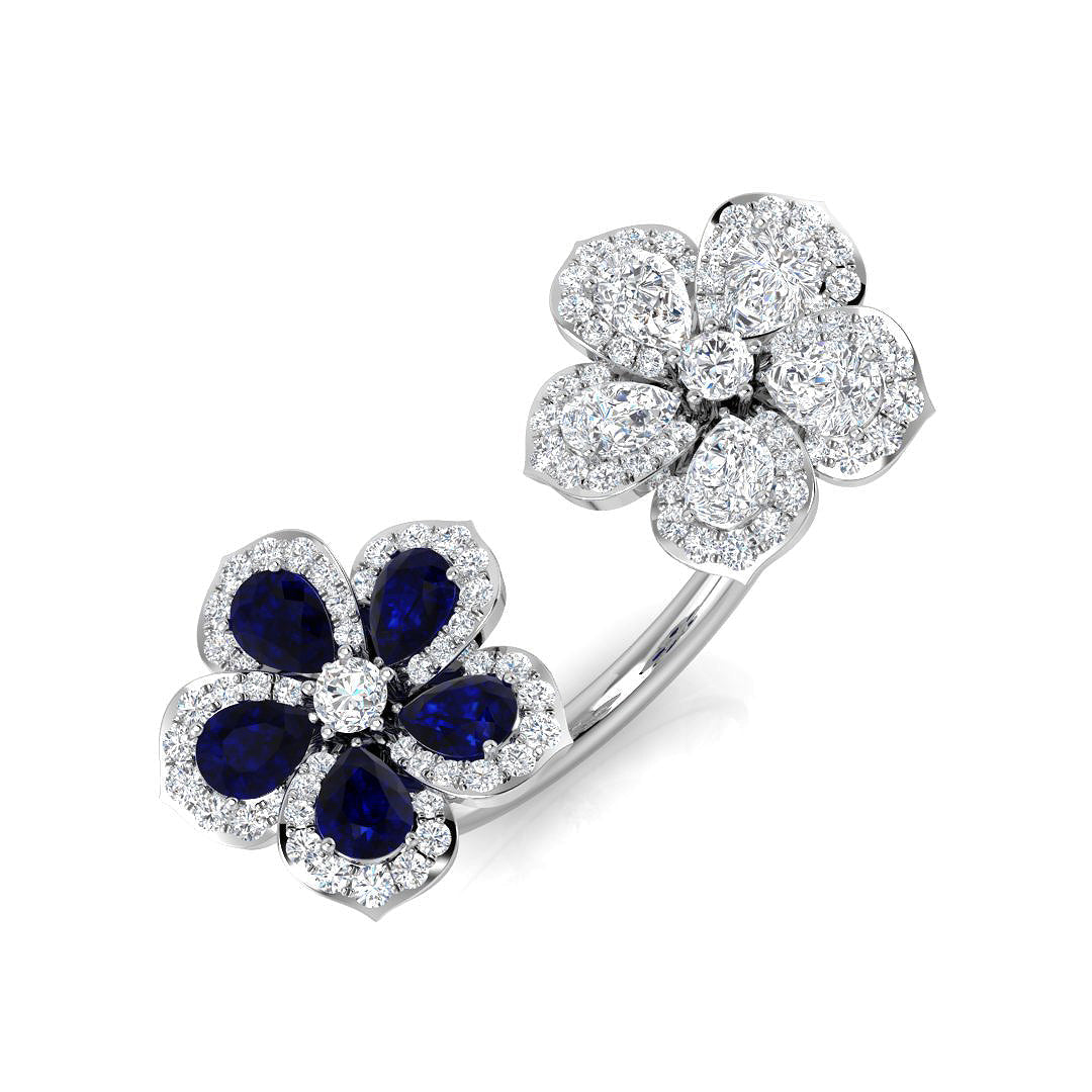 Blue Sapphire Cluster Ring with Diamond Floral Design in 10K/14K gold and platinum with certified lab-grown or natural diamonds