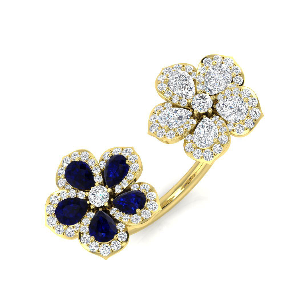 Blue Sapphire Cluster Ring with Diamond Floral Design in 10K/14K gold and platinum with certified lab-grown or natural diamonds
