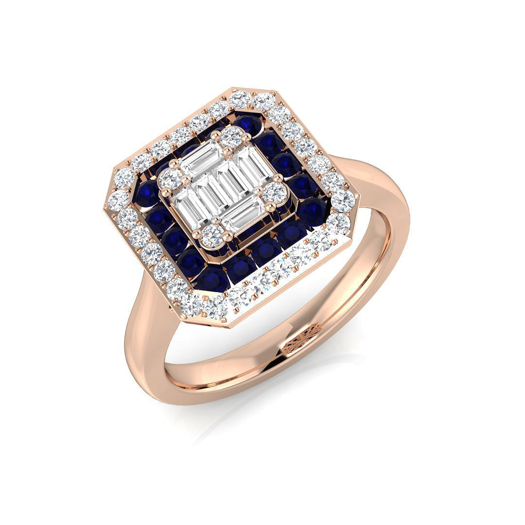 Art Deco Emerald Cut Diamond Cluster Ring with Blue Sapphire & Double Halo in 10K/14K gold and platinum with certified lab-grown or natural diamonds