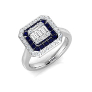 Art Deco Emerald Cut Diamond Cluster Ring with Blue Sapphire & Double Halo in 10K/14K gold and platinum with certified lab-grown or natural diamonds