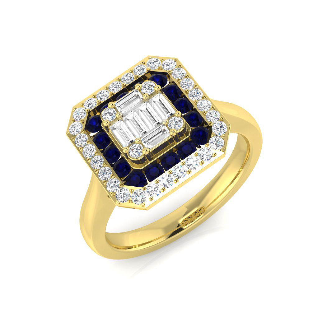 Art Deco Emerald Cut Diamond Cluster Ring with Blue Sapphire & Double Halo in 10K/14K gold and platinum with certified lab-grown or natural diamonds