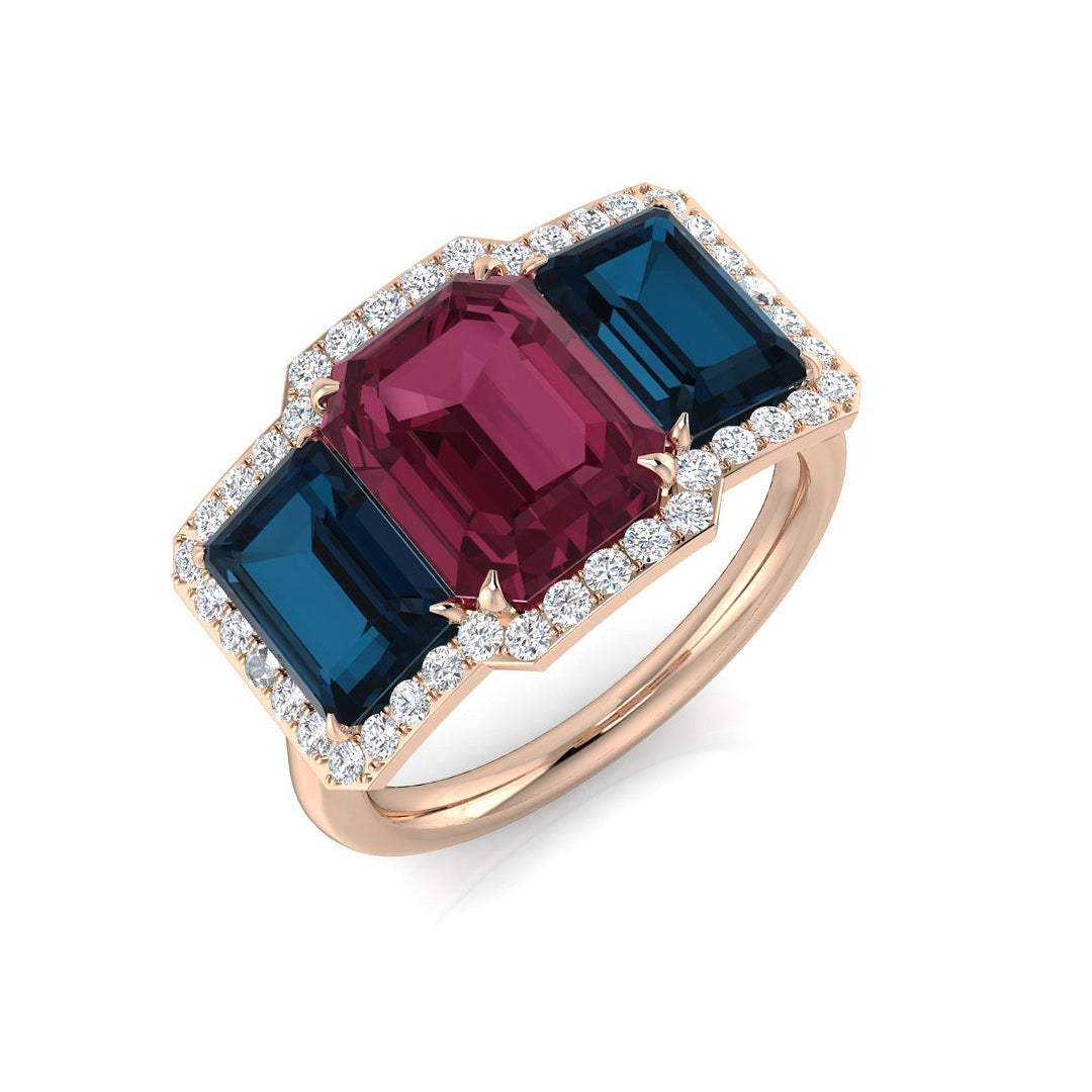 Diamond Arubdel Colour Halo 3 Stone Ring in 10K/14K gold and platinum with certified lab-grown or natural diamonds