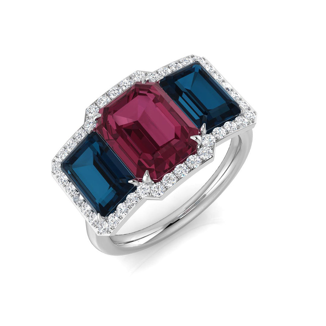 Diamond Arubdel Colour Halo 3 Stone Ring in 10K/14K gold and platinum with certified lab-grown or natural diamonds