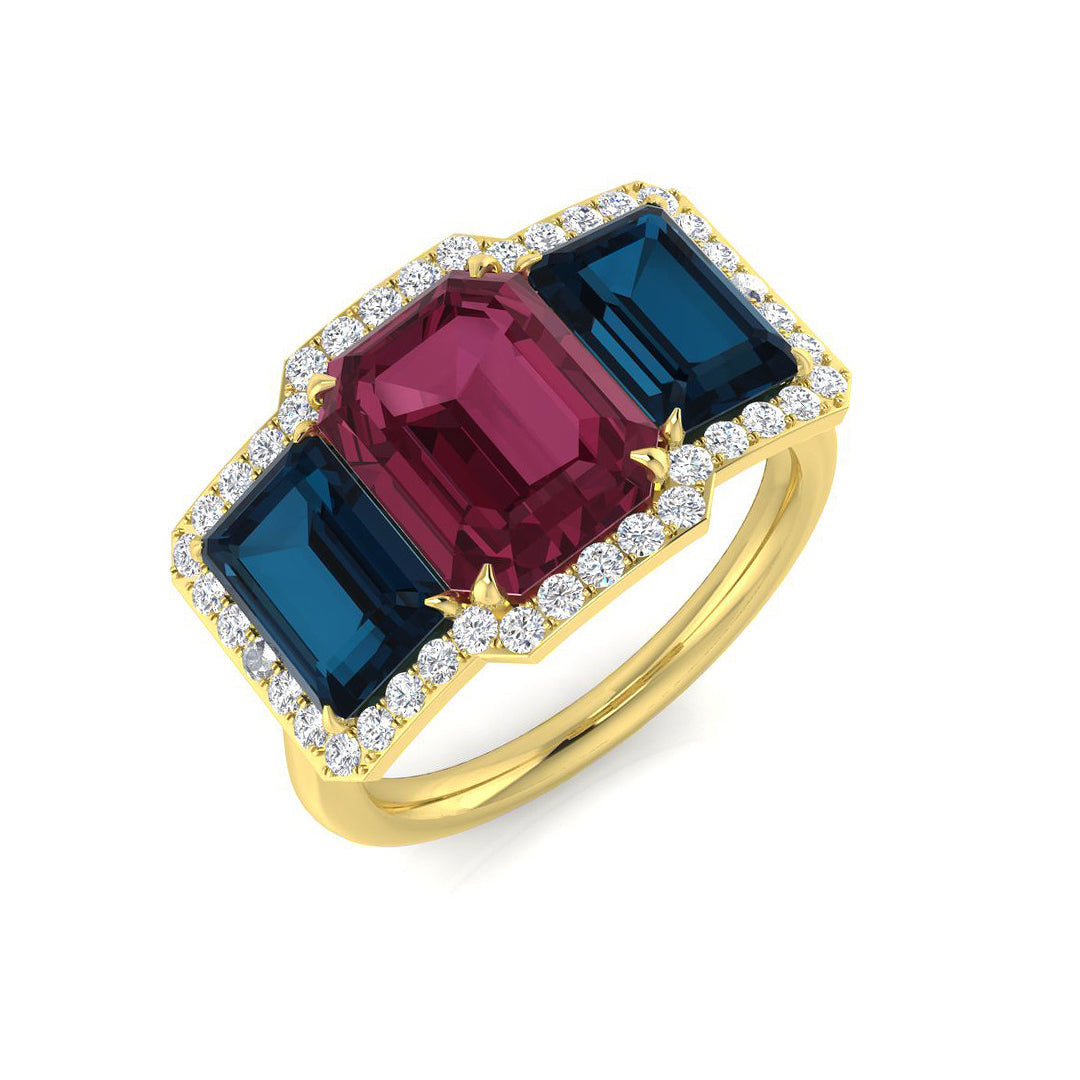 Diamond Arubdel Colour Halo 3 Stone Ring in 10K/14K gold and platinum with certified lab-grown or natural diamonds