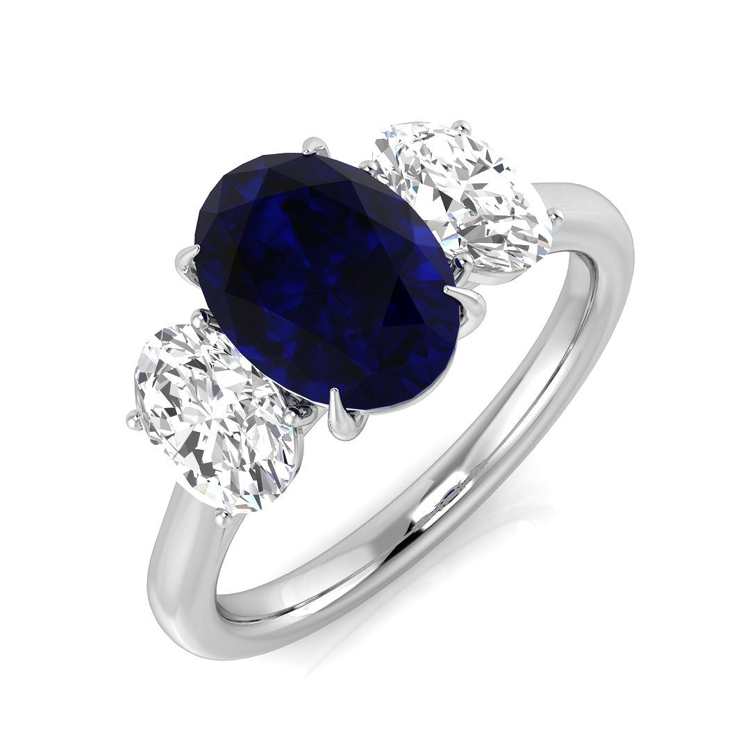 Oval Blue Sapphire Three Stone Ring with Diamond Sides in 10K/14K gold and platinum with certified lab-grown or natural diamonds