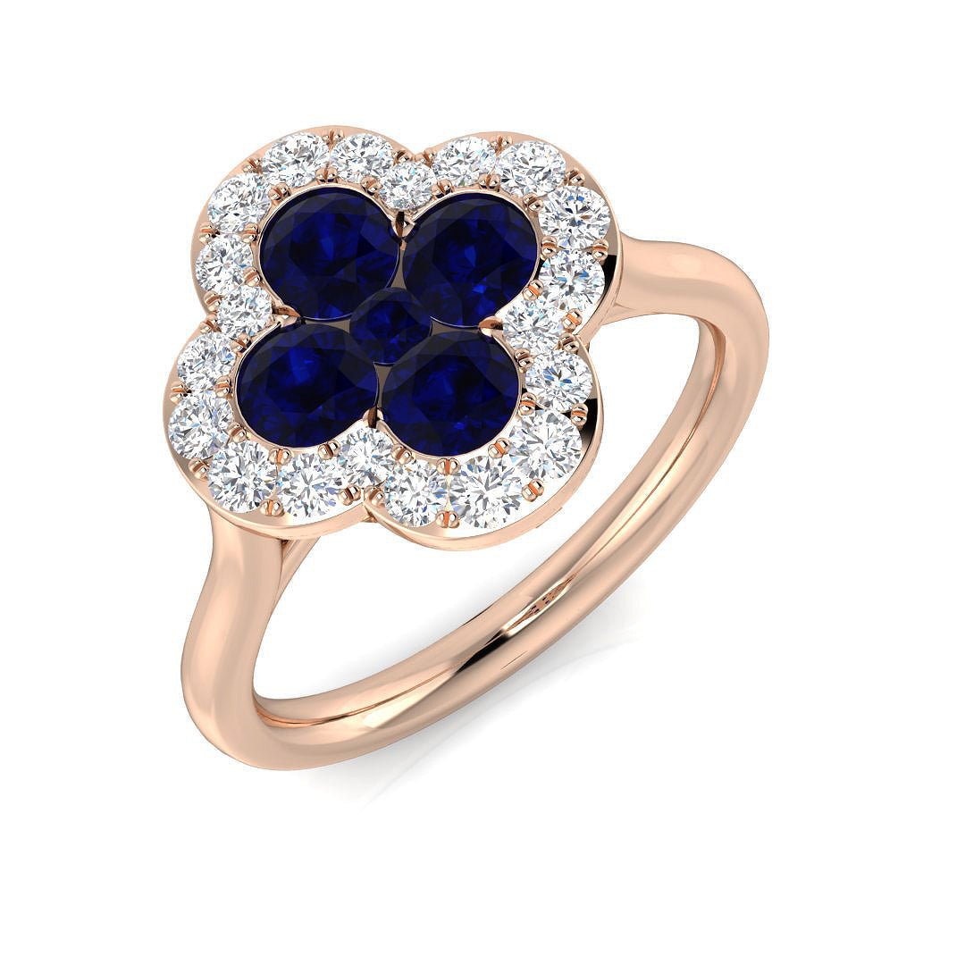 Blue Sapphire Clover Ring Studded with Round Cluster Natural Diamonds in 10K/14K gold and platinum with certified lab-grown or natural diamonds
