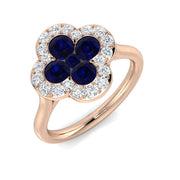 Blue Sapphire Clover Ring Studded with Round Cluster Natural Diamonds in 10K/14K gold and platinum with certified lab-grown or natural diamonds