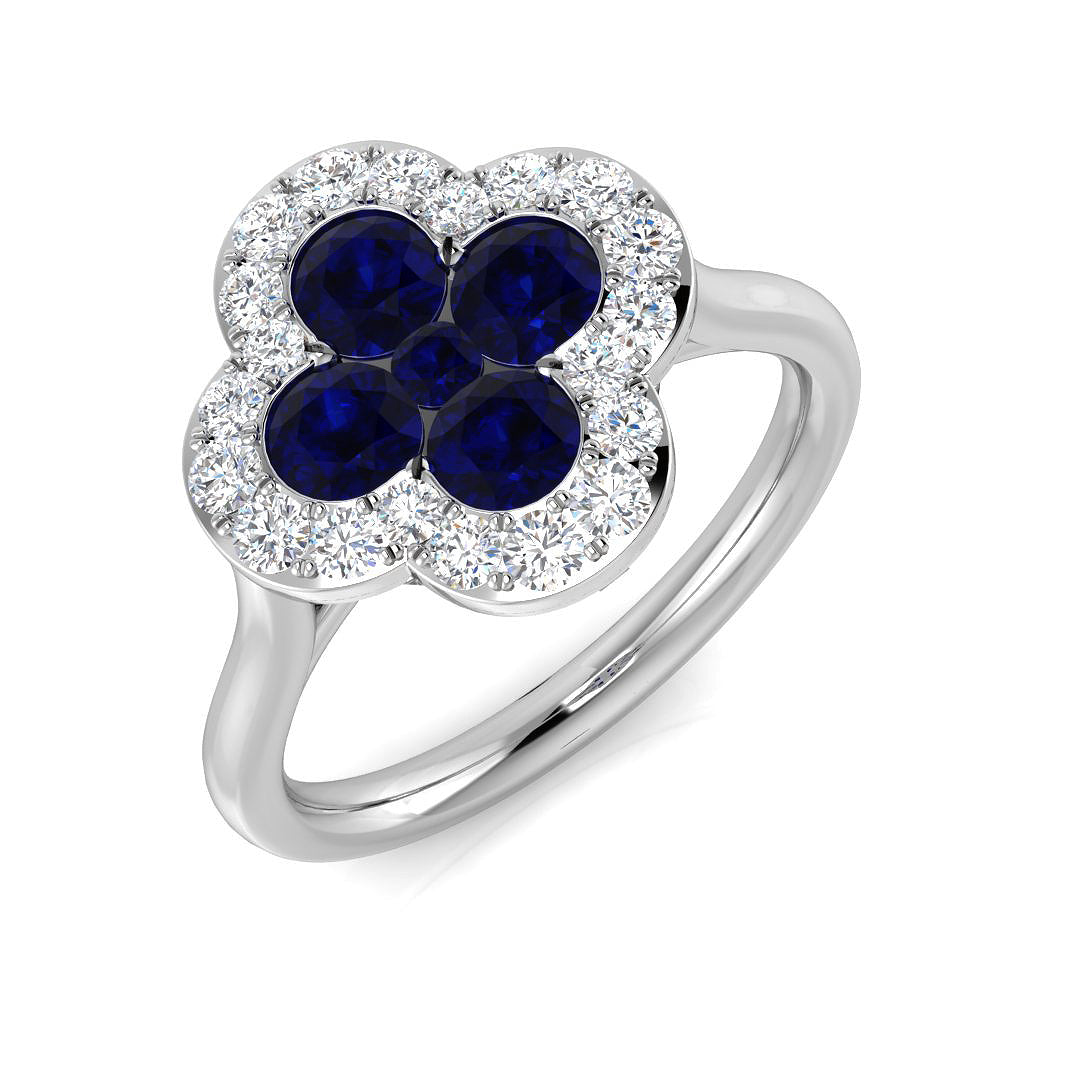 Blue Sapphire Clover Ring Studded with Round Cluster Natural Diamonds in 10K/14K gold and platinum with certified lab-grown or natural diamonds