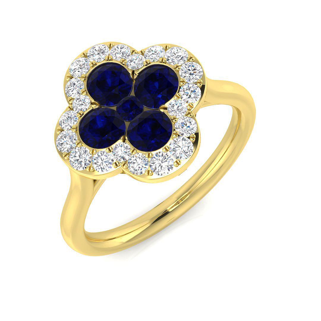 Blue Sapphire Clover Ring Studded with Round Cluster Natural Diamonds in 10K/14K gold and platinum with certified lab-grown or natural diamonds