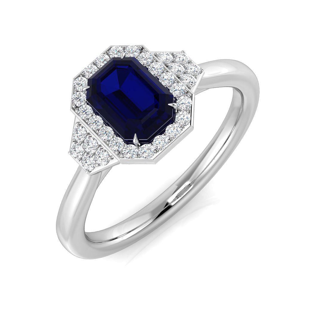 Art Deco Blue Sapphire Halo Ring in 10K/14K gold and platinum with certified lab-grown or natural diamonds