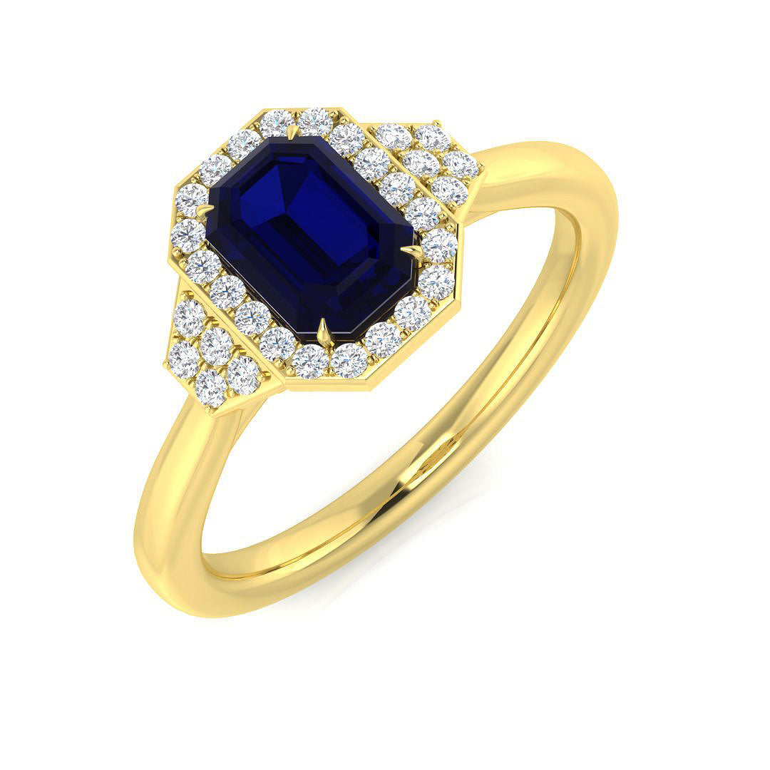 Art Deco Blue Sapphire Halo Ring in 10K/14K gold and platinum with certified lab-grown or natural diamonds