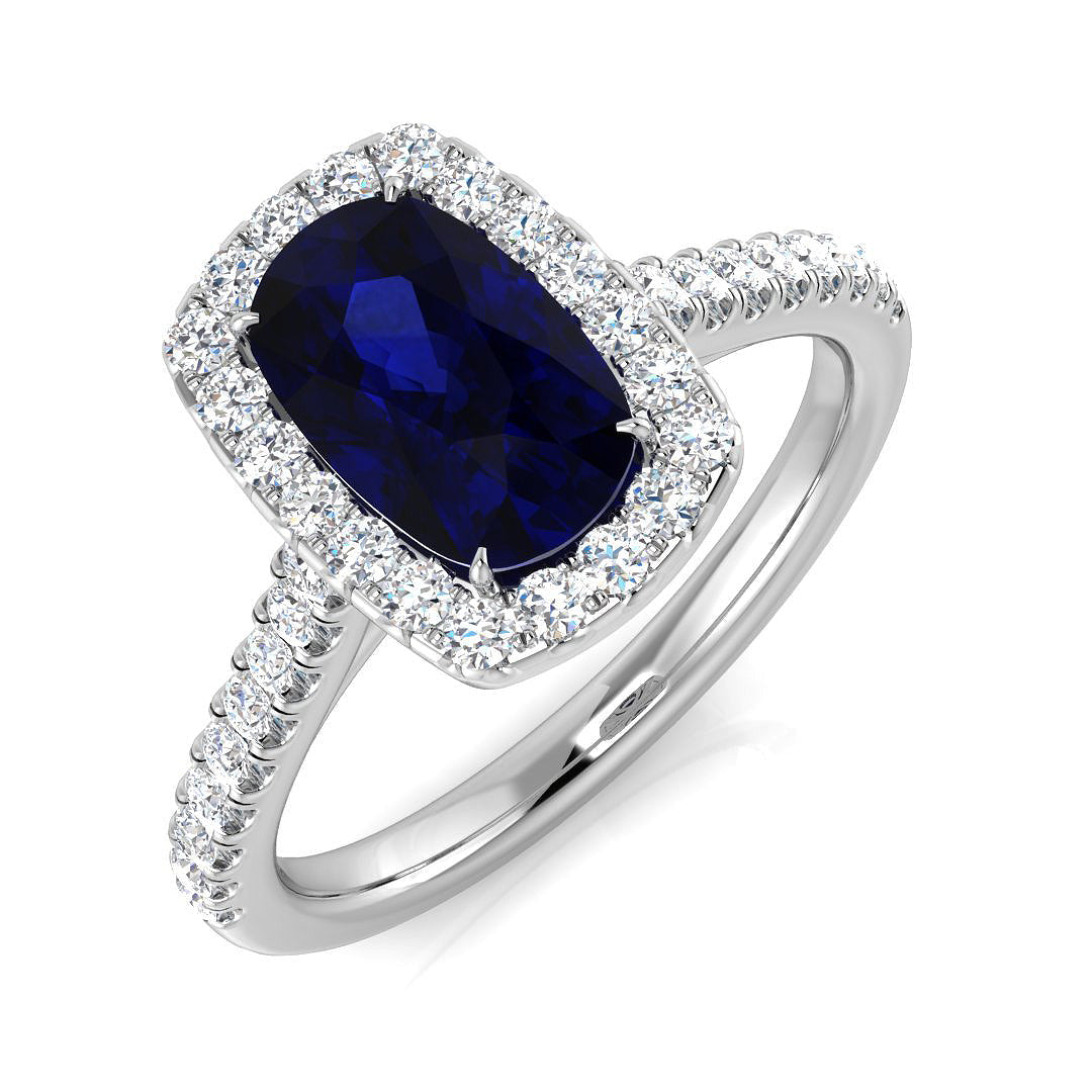 Blue Sapphire Halo Diamond Ring in 10K/14K gold and platinum with certified lab-grown or natural diamonds