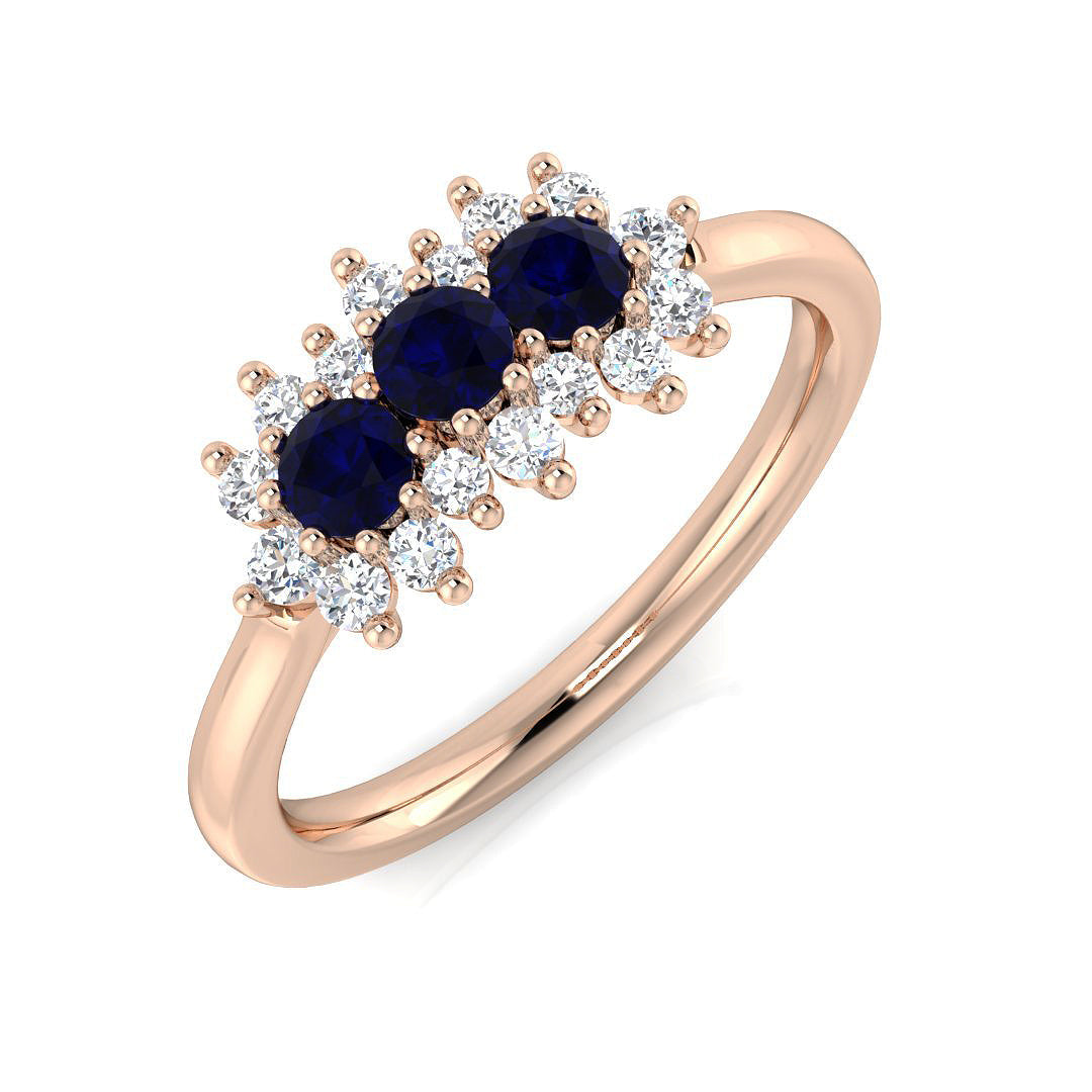 Blue Sapphire Diamond Three Stone Ring with Floral Cluster Ring in 10K/14K gold and platinum with certified lab-grown or natural diamonds