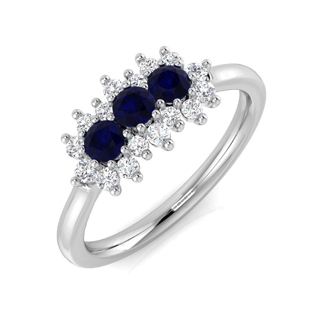 Blue Sapphire Diamond Three Stone Ring with Floral Cluster Ring in 10K/14K gold and platinum with certified lab-grown or natural diamonds