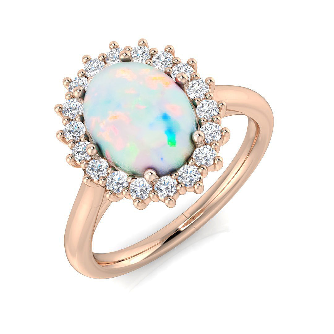Oval Opal & Round Diamond Halo Engagement Ring in 10K/14K gold and platinum with certified lab-grown or natural diamonds
