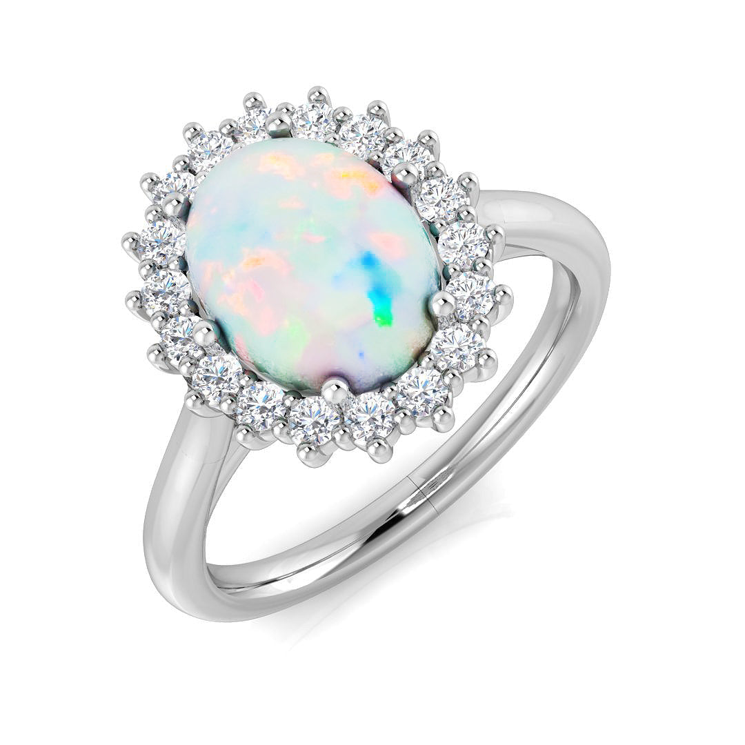 Oval Opal & Round Diamond Halo Engagement Ring in 10K/14K gold and platinum with certified lab-grown or natural diamonds