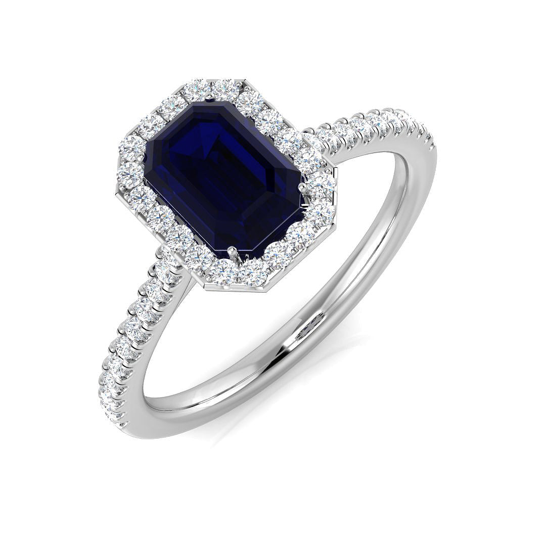 Emerald Cut Sapphire Halo Engagement Ring in 10K/14K gold and platinum with certified lab-grown or natural diamonds